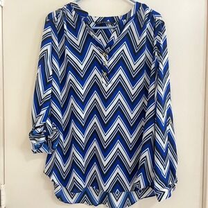 Zac Rachel Women Chevron Top Large Blue White Roll Tab Sleeve Henley Tunic Work